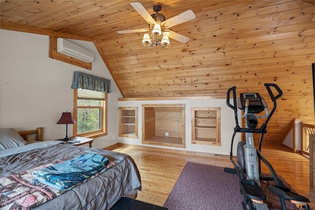 bedroom with wooden ceiling, lofted ceiling, wood-type flooring, and a wall mounted AC