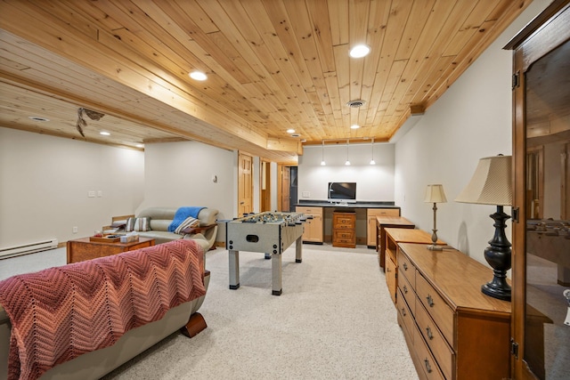game room with wooden ceiling, light carpet, and recessed lighting