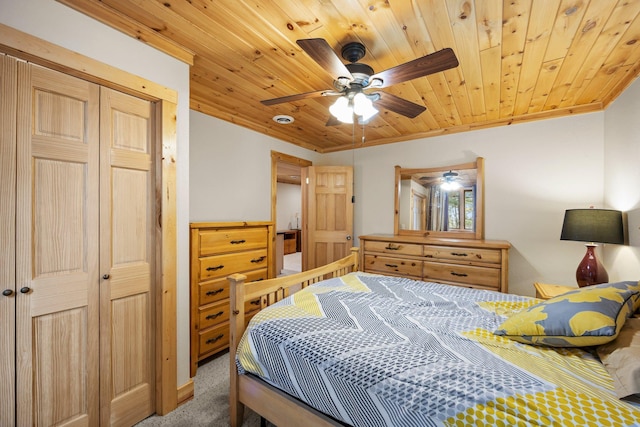 bedroom featuring carpet flooring, a closet, ceiling fan, and wooden ceiling