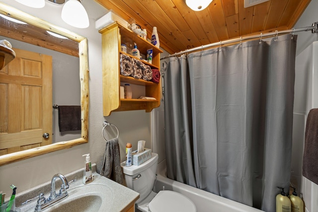 full bath featuring vanity, toilet, wood ceiling, and shower / bathtub combination with curtain