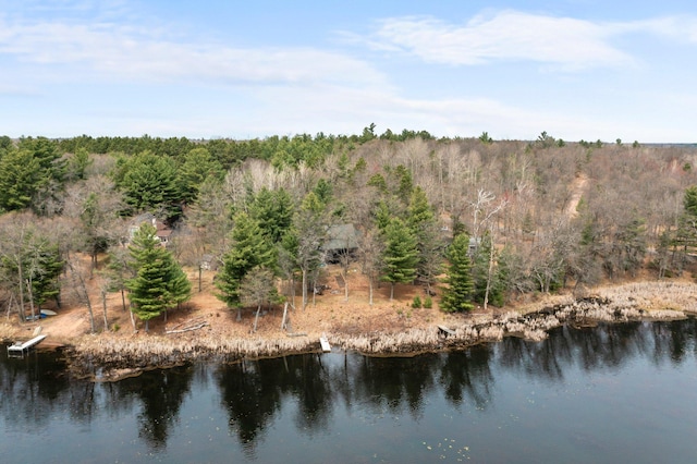 drone / aerial view featuring a wooded view and a water view