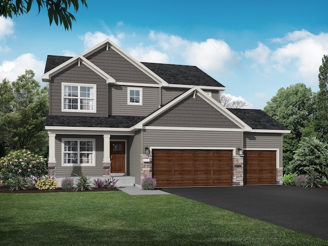 craftsman-style home with aphalt driveway, a shingled roof, stone siding, a front yard, and a garage