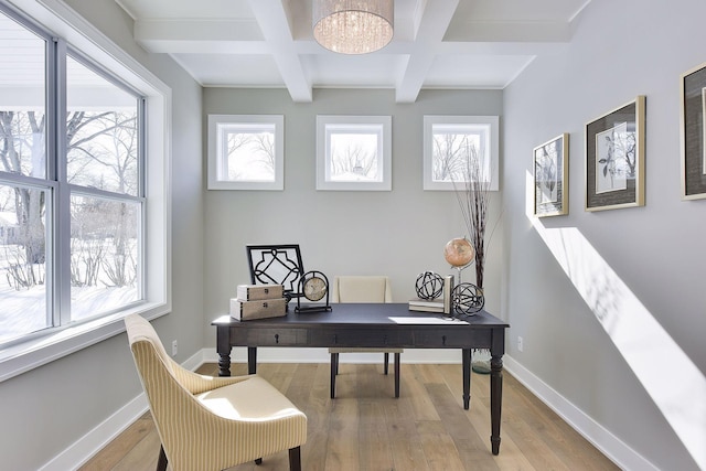 3542 Leroy St, Deephaven, MN 55391 - office space featuring coffered ceiling, beam ceiling, light wood-type flooring, baseboards, and a chandelier