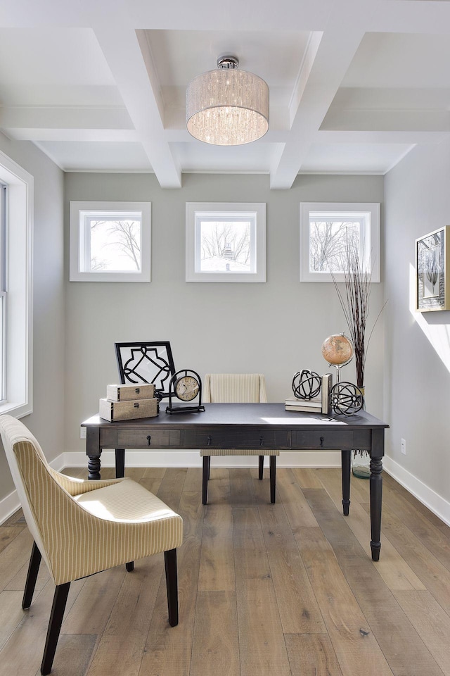 3542 Leroy St, Deephaven, MN 55391 - home office with coffered ceiling, beam ceiling, light wood-style floors, and baseboards