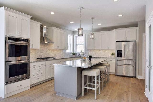 3542 Leroy St, Deephaven, MN 55391 - kitchen with appliances with stainless steel finishes, wall chimney exhaust hood, white cabinetry, decorative backsplash, and recessed lighting