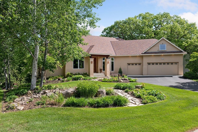 1656 Isabella Pkwy, Chaska, MN 55318 - view of front of home with an attached garage, a front lawn, stucco siding, and asphalt driveway