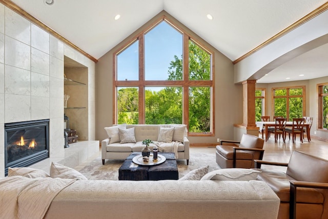 1656 Isabella Pkwy, Chaska, MN 55318 - living room with lofted ceiling, ornamental molding, a fireplace, recessed lighting, and wood finished floors