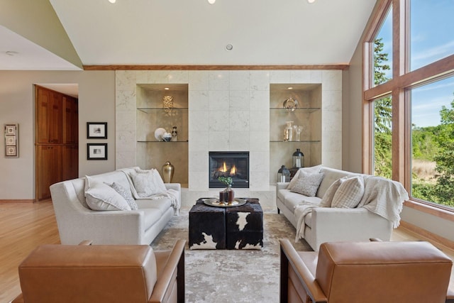1656 Isabella Pkwy, Chaska, MN 55318 - living room with light wood-type flooring, a tiled fireplace, built in features, baseboards, and high vaulted ceiling