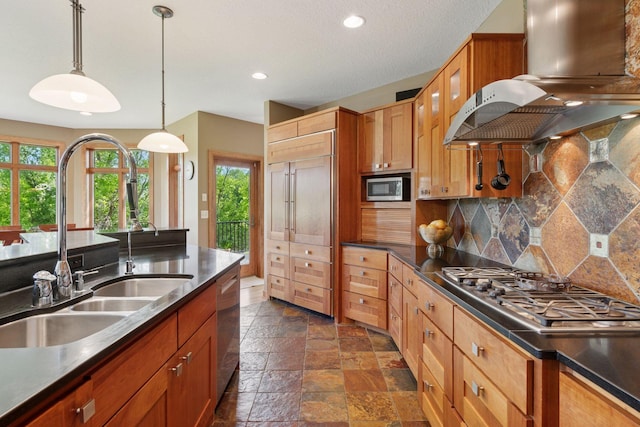1656 Isabella Pkwy, Chaska, MN 55318 - kitchen featuring exhaust hood, appliances with stainless steel finishes, a sink, dark countertops, and recessed lighting