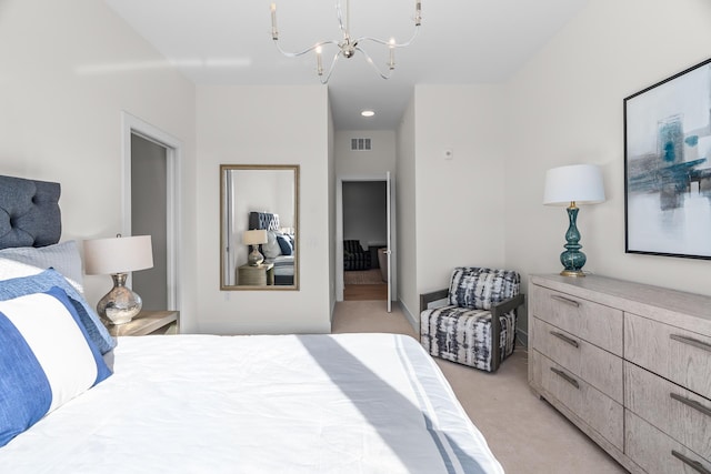 bedroom featuring a notable chandelier, light colored carpet, and visible vents