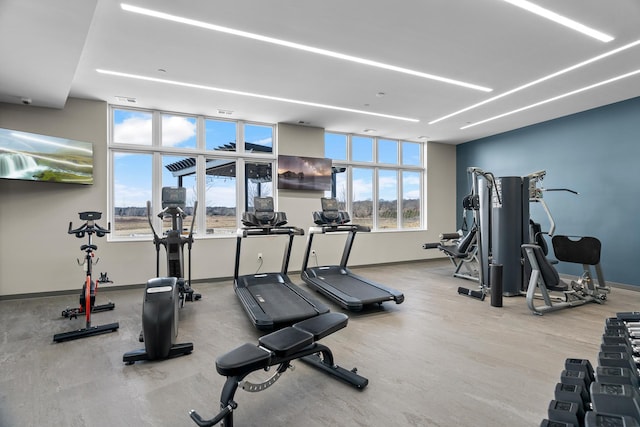 exercise room with baseboards and plenty of natural light