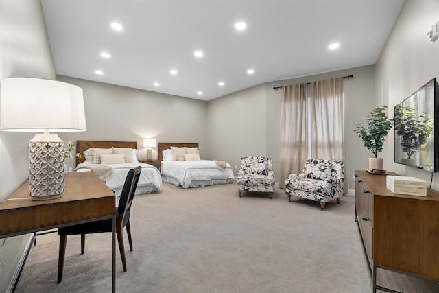 bedroom with recessed lighting and light colored carpet