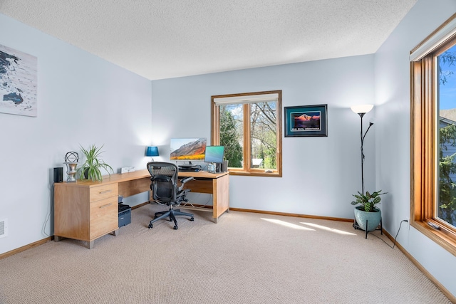 carpeted office space with a textured ceiling, baseboards, and visible vents