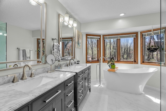 bathroom featuring a sink, a freestanding tub, double vanity, and a textured ceiling