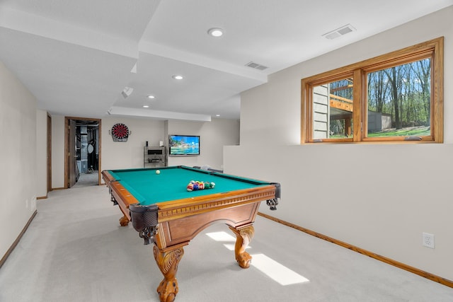 game room with light colored carpet, baseboards, visible vents, and recessed lighting