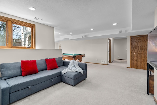 living area featuring billiards, light carpet, recessed lighting, and visible vents