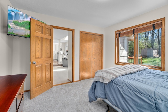 carpeted bedroom featuring baseboards and a closet