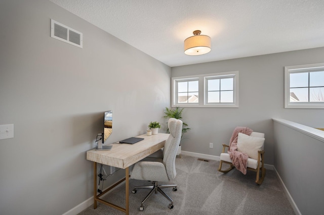 home office with baseboards, carpet, and visible vents