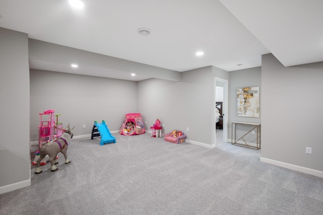 game room featuring baseboards, recessed lighting, and carpet