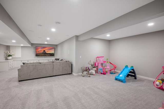 recreation room featuring carpet floors, baseboards, and recessed lighting