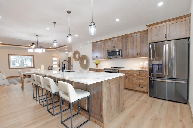 kitchen featuring recessed lighting, appliances with stainless steel finishes, a sink, and light wood-style flooring