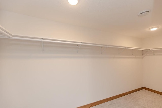 walk in closet with light carpet