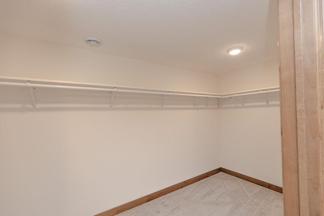 walk in closet with light carpet