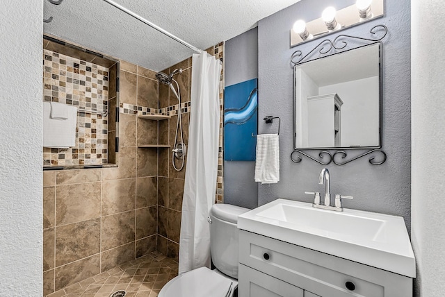 9158 Collins Dr NW, Ramsey, MN 55303 - bathroom featuring a textured wall, a shower stall, toilet, a textured ceiling, and vanity