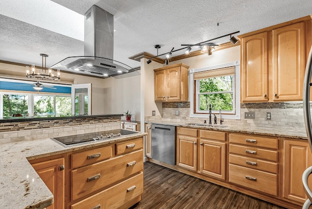 9158 Collins Dr NW, Ramsey, MN 55303 - kitchen featuring a sink, black electric cooktop, stainless steel dishwasher, island exhaust hood, and dark wood finished floors