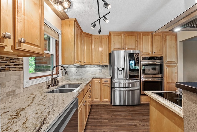 9158 Collins Dr NW, Ramsey, MN 55303 - kitchen with appliances with stainless steel finishes, a sink, dark wood-style floors, light stone counters, and backsplash