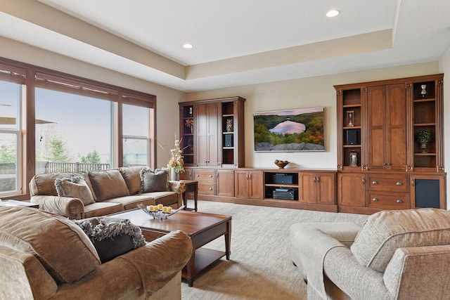 2919 Hilltop Dr, Chaska, MN 55318 - living area featuring plenty of natural light, light carpet, a tray ceiling, and recessed lighting