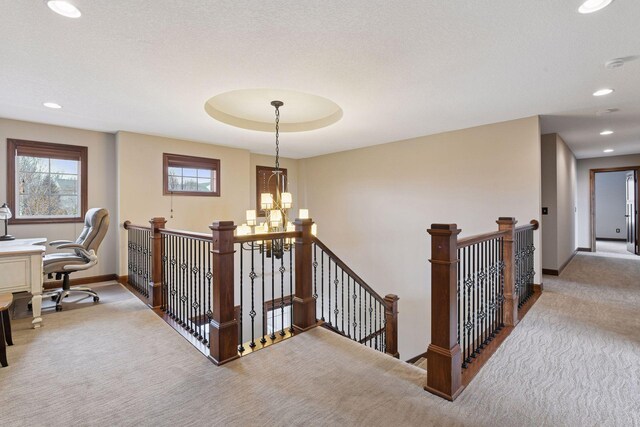 2919 Hilltop Dr, Chaska, MN 55318 - stairs with carpet floors, a chandelier, baseboards, and recessed lighting