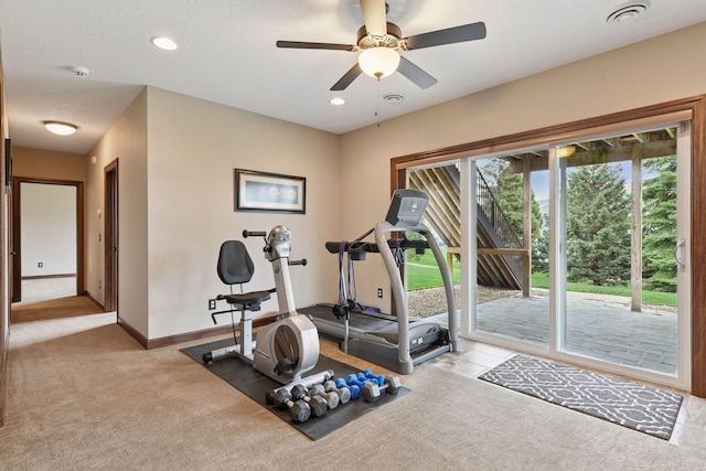 2919 Hilltop Dr, Chaska, MN 55318 - exercise area with carpet floors, ceiling fan, baseboards, and recessed lighting