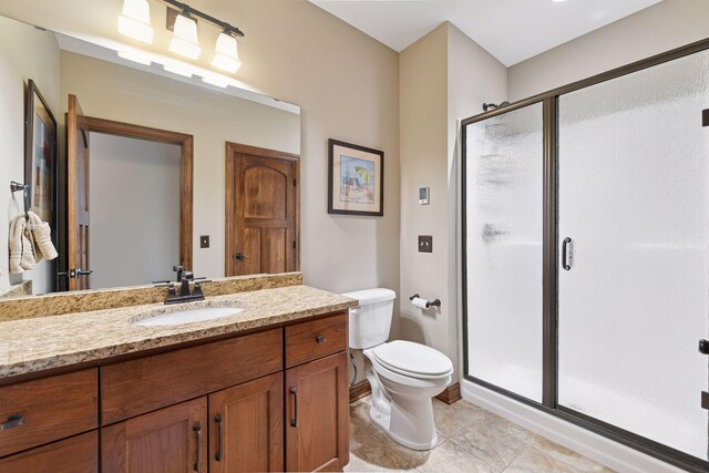 2919 Hilltop Dr, Chaska, MN 55318 - full bathroom with a shower stall, vanity, tile patterned floors, and toilet