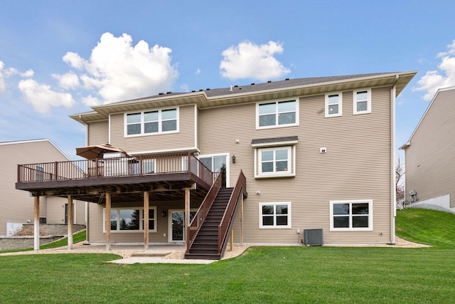 2919 Hilltop Dr, Chaska, MN 55318 - back of house featuring a wooden deck, a patio area, central AC, stairs, and a lawn