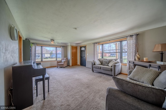300 Carlson Rd, Cannon Falls, MN 55009 - carpeted living room with baseboards and a ceiling fan