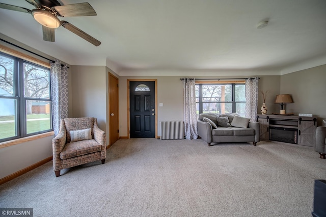 300 Carlson Rd, Cannon Falls, MN 55009 - living room with a ceiling fan, carpet flooring, radiator heating unit, and baseboards