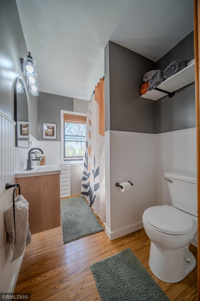 300 Carlson Rd, Cannon Falls, MN 55009 - full bathroom with a shower with shower curtain, toilet, wood finished floors, vanity, and wainscoting