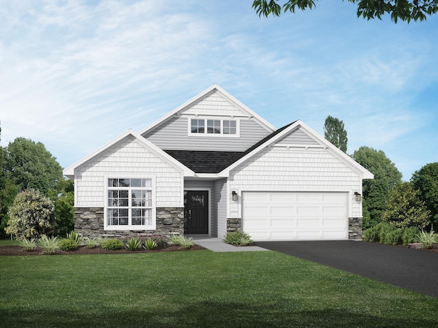 19997 Hunters Rdg, Corcoran, MN 55374 - craftsman house with stone siding, asphalt driveway, a front yard, a garage, and a shingled roof