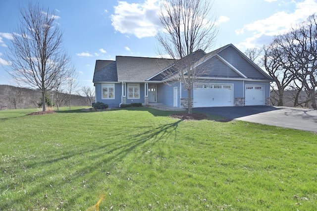 203 Walnut Hill Way, Troy Twp, WI 54022 - single story home featuring a garage, a front lawn, stone siding, a shingled roof, and driveway