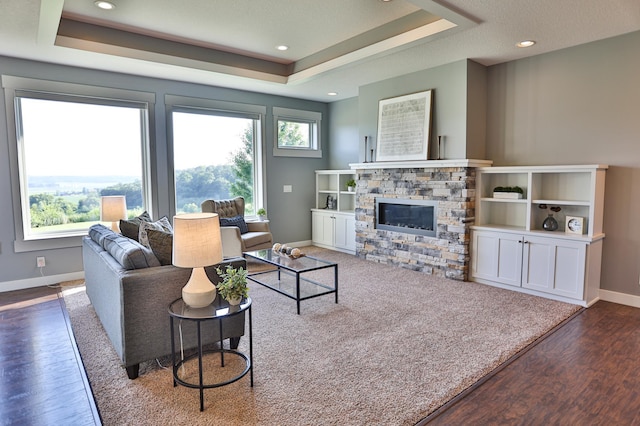 203 Walnut Hill Way, Troy Twp, WI 54022 - living area featuring a tray ceiling, wood finished floors, a stone fireplace, and recessed lighting