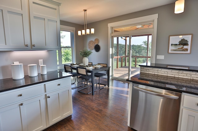 203 Walnut Hill Way, Troy Twp, WI 54022 - kitchen featuring stainless steel dishwasher, dark wood-style floors, pendant lighting, and white cabinets