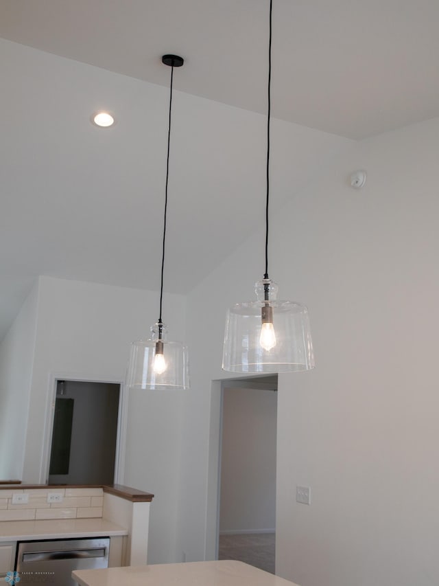 room details with dishwasher, recessed lighting, hanging light fixtures, and light countertops