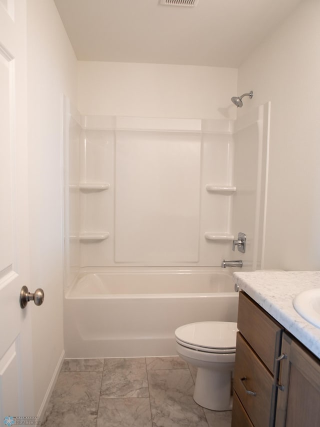 full bathroom featuring marble finish floor, visible vents, toilet, vanity, and baseboards
