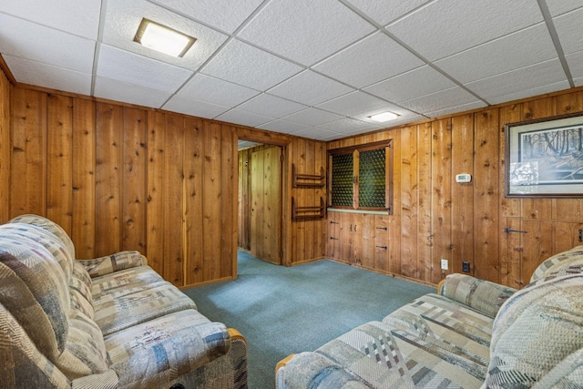 1433 Oldridge Ave N, West Lakeland Twp, MN 55082 - living room featuring carpet floors, wood walls, and a drop ceiling