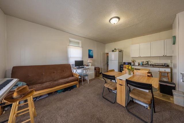 606 11th St SE, Rochester, MN 55904 - kitchen with carpet flooring, a sink, a textured ceiling, white cabinets, and freestanding refrigerator