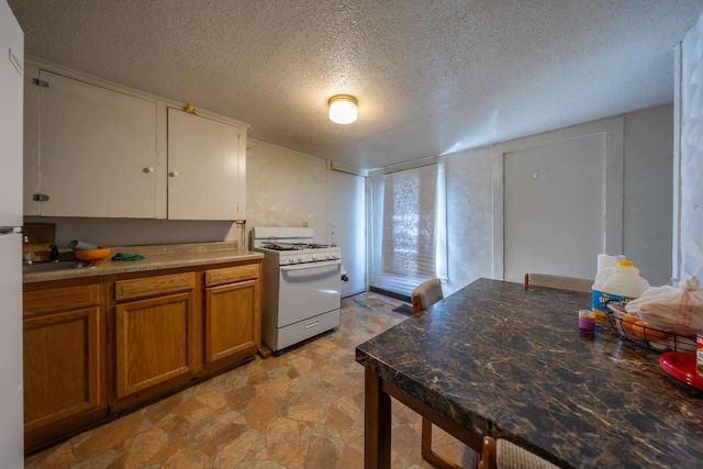 606 11th St SE, Rochester, MN 55904 - kitchen with brown cabinetry, white gas stove, and a textured ceiling