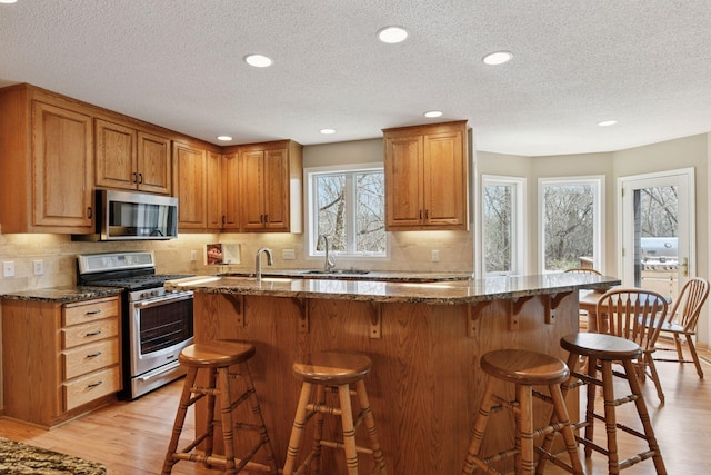 kitchen with appliances with stainless steel finishes, a breakfast bar, light wood-style flooring, and a sink
