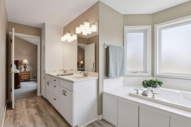 full bath featuring double vanity, wood finished floors, a healthy amount of sunlight, and a sink