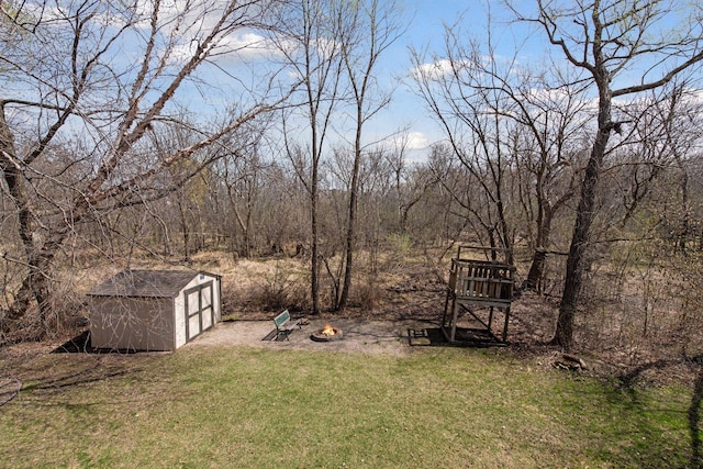 view of yard with an outdoor structure, a storage shed, a detached garage, and a fire pit